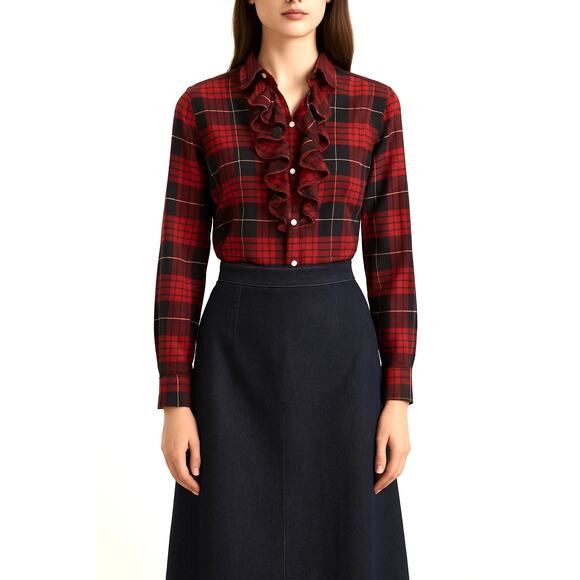 RALPH LAUREN Blue Label Plaid Ruffle Shirt Top Blouse 6 Red Black Preppy Country - Picture 1 of 9